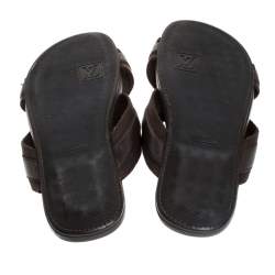 Pre Owned Louis Vuitton Brown Fabric And Leather Criss-Cross Flat Sandals Size 43.5