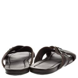 Pre Owned Louis Vuitton Brown Fabric And Leather Criss-Cross Flat Sandals Size 43.5
