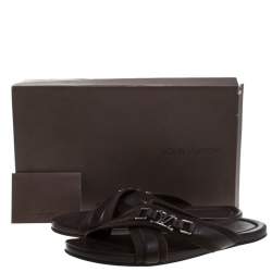 Pre Owned Louis Vuitton Brown Fabric And Leather Criss-Cross Flat Sandals Size 43.5