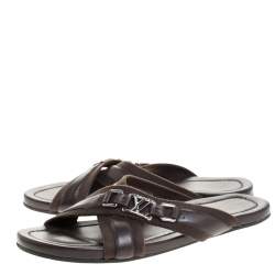 Pre Owned Louis Vuitton Brown Fabric And Leather Criss-Cross Flat Sandals Size 43.5