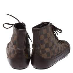 مملوكة مسبقًا حذاء رياضي لوي فيتون مرتفع من أعلى أربطة جلد بني وكانفاس دامييه أيبين مقاس 40