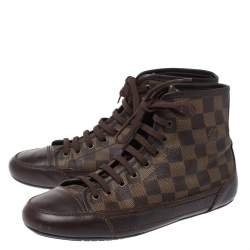 مملوكة مسبقًا حذاء رياضي لوي فيتون مرتفع من أعلى أربطة جلد بني وكانفاس دامييه أيبين مقاس 40