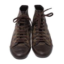 مملوكة مسبقًا حذاء رياضي لوي فيتون مرتفع من أعلى أربطة جلد بني وكانفاس دامييه أيبين مقاس 40