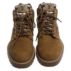 Pre Owned Louis Vuitton Brown Suede and Canvas Oberkampf Ankle Boots Size 43