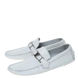 Pre Owned Louis Vuitton Grey Leather Hockenheim Logo Detail Slip On Loafers Size 41