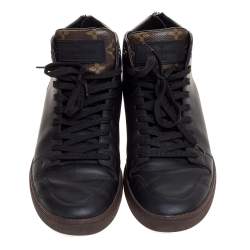 Pre Owned Louis Vuitton Black Leather And Monogram Canvas High Top Sneakers Size 40