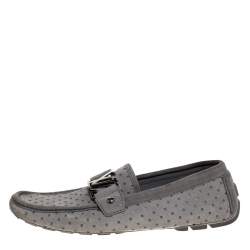 Pre Owned Louis Vuitton Grey Cutout Suede And Leather Monte Carlo Loafers Size 40.5