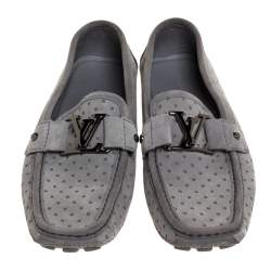 Pre Owned Louis Vuitton Grey Cutout Suede And Leather Monte Carlo Loafers Size 40.5