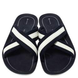 Pre Owned Louis Vuitton Blue/White Canvas And Rubber Trim Cross Strap Flat Slides Size 43