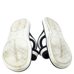 Pre Owned Louis Vuitton Blue/White Canvas And Rubber Trim Cross Strap Flat Slides Size 43