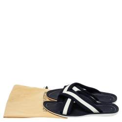 Pre Owned Louis Vuitton Blue/White Canvas And Rubber Trim Cross Strap Flat Slides Size 43