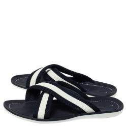 Pre Owned Louis Vuitton Blue/White Canvas And Rubber Trim Cross Strap Flat Slides Size 43