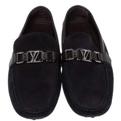 Pre Owned Louis Vuitton Blue/Brown Suede And Leather Hockenheim Slip On Loafers Size 41