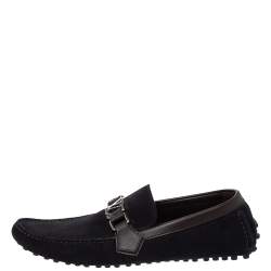 Pre Owned Louis Vuitton Blue/Brown Suede And Leather Hockenheim Slip On Loafers Size 41