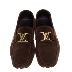 Pre Owned Louis Vuitton Dark Brown Suede Montaigne Moccasins Size 45