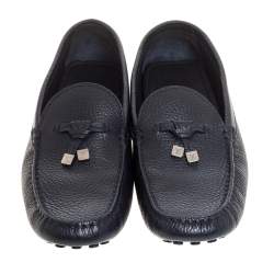 Pre Owned Louis Vuitton Blue Grained Leather Bow Loafers Size 43