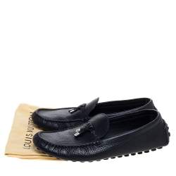 Pre Owned Louis Vuitton Blue Grained Leather Bow Loafers Size 43