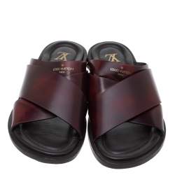 Pre Owned Louis Vuitton Ombre Burgundy Leather Foch Cross Strap Flat Slides Size 41.5