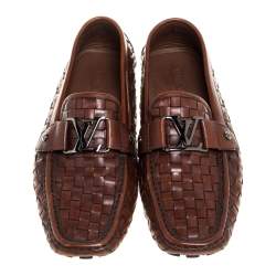 Pre Owned Louis Vuitton Brown Woven Leather Monte Carlo Slip On Loafers Size 43