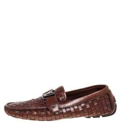 Pre Owned Louis Vuitton Brown Woven Leather Monte Carlo Slip On Loafers Size 43
