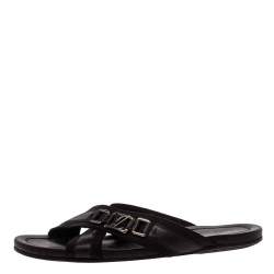 Pre Owned Louis Vuitton Black Leather And Canvas Criss-Cross Flat Sandals Size 46.5