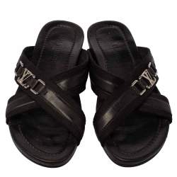 Pre Owned Louis Vuitton Black Leather And Canvas Criss-Cross Flat Sandals Size 46.5