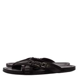 Pre Owned Louis Vuitton Black Leather And Canvas Criss-Cross Flat Sandals Size 46.5