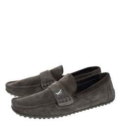 Pre Owned Louis Vuitton Olive Green Suede Slip On Loafers Size 41.5