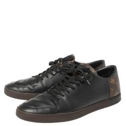 Pre Owned حذاء رياضي لوي فيتون منخفض من أعلى جلد أسود وكانفاس مونوغرامي بني مقاس 42.5