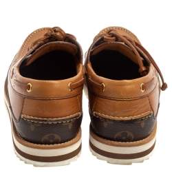 Pre Owned Louis Vuitton Brown Monogram Leather Summerland Boat Moccasins Size 40.5
