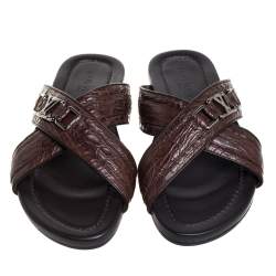 مملوكة مسبقًا Louis Vuitton Brown Croc Leather Criss Cross Slide Sandals Size 43.5