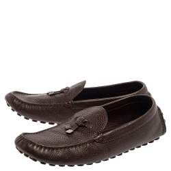 Louis Vuitton Brown Leather Logo Bow Slip On Loafers Size 44