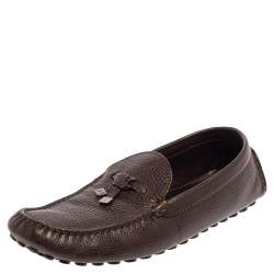 Louis Vuitton Brown Leather Logo Bow Slip On Loafers Size 44