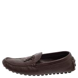 Louis Vuitton Brown Leather Logo Bow Slip On Loafers Size 44