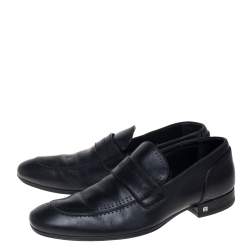 Louis Vuitton Black Leather Logo Perforated Slip On Loafers Size 40