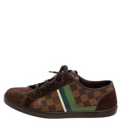 Pre Owned Louis Vuitton Brown Suede And Damier Ebene Punchy Ace Low Top Sneakers Size 41
