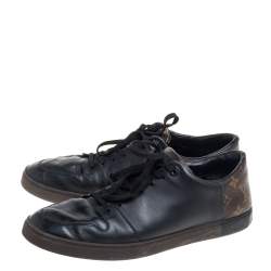 Pre Owned Louis Vuitton Black Leather And Monogram Canvas Line Up Low Top Sneakers Size 43