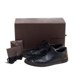 Pre Owned Louis Vuitton Black Leather And Monogram Canvas Line Up Low Top Sneakers Size 43