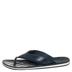 Pre Owned Louis Vuitton Blue Damier Rubber And Fabric Key Flip Flop Flat Sandals Size 43.5