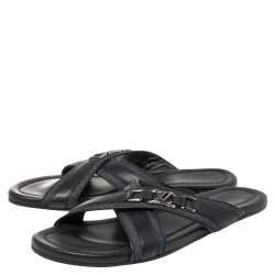  Louis Vuitton Blue Fabric and Leather Hamptons Thong Sandals Size 45.5