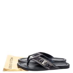 مملوكة مسبقًا Louis Vuitton Dark Blue Leather And Canvas Hamptons Thong Sandals Size 41