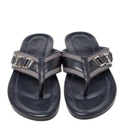 مملوكة مسبقًا Louis Vuitton Dark Blue Leather And Canvas Hamptons Thong Sandals Size 41