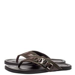 Pre Owned Louis Vuitton Brown Leather And Canvas Hamptons Thong Sandals Size 41.5