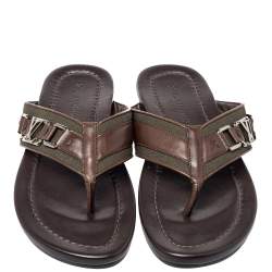 Pre Owned Louis Vuitton Brown Leather And Canvas Hamptons Thong Sandals Size 41.5