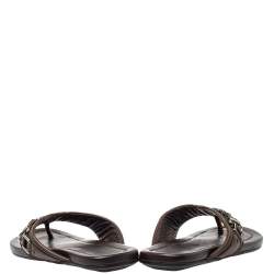 Pre Owned Louis Vuitton Brown Leather And Canvas Hamptons Thong Sandals Size 41.5