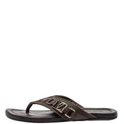 Pre Owned Louis Vuitton Brown Leather And Canvas Hamptons Thong Sandals Size 41.5