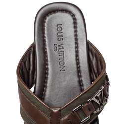 Pre Owned Louis Vuitton Brown Leather And Canvas Hamptons Thong Sandals Size 41.5