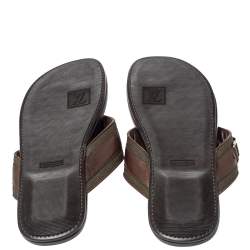 Pre Owned Louis Vuitton Brown Leather And Canvas Hamptons Thong Sandals Size 41.5