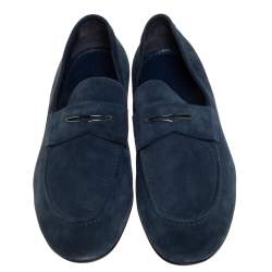 مملوكة مسبقًا Louis Vuitton Dark Teal Blue Suede Penny Loafers Size 43.5