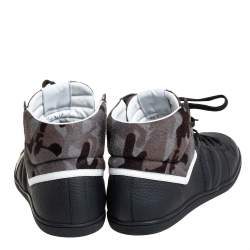 مملوكة مسبقًا Louis Vuitton Black Leather And Camouflage Print Calf Hair High Top Sneakers Size 43